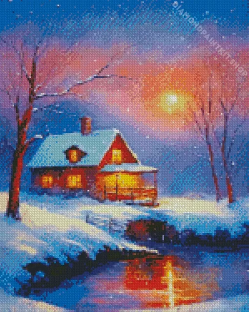 Cool Farmhouse In The Snow Diamond Painting