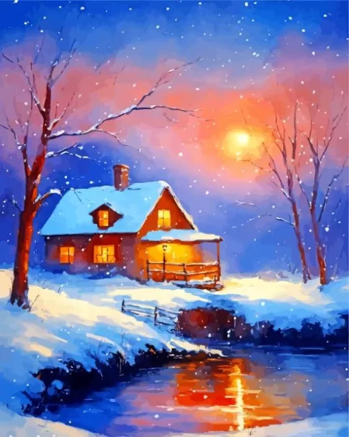 Cool Farmhouse In The Snow Diamond Painting