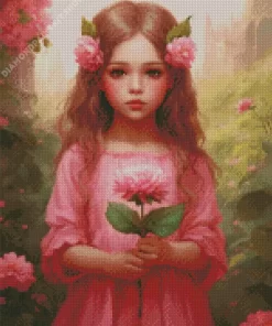 Cute Pink Girl And Flowers Diamond Painting