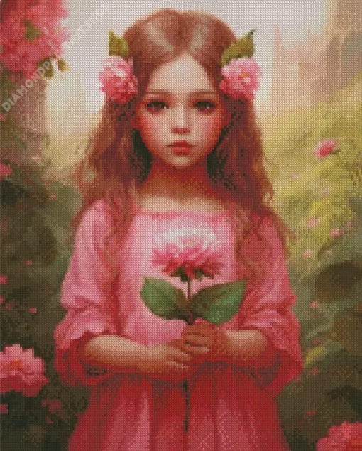 Cute Pink Girl And Flowers Diamond Painting