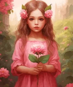 Cute Pink Girl And Flowers Diamond Painting