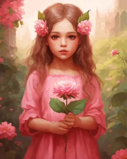 Cute Pink Girl And Flowers Diamond Painting