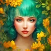 Floral Green Haired Lady Diamond Painting