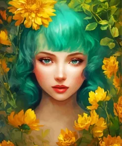 Floral Green Haired Lady Diamond Painting