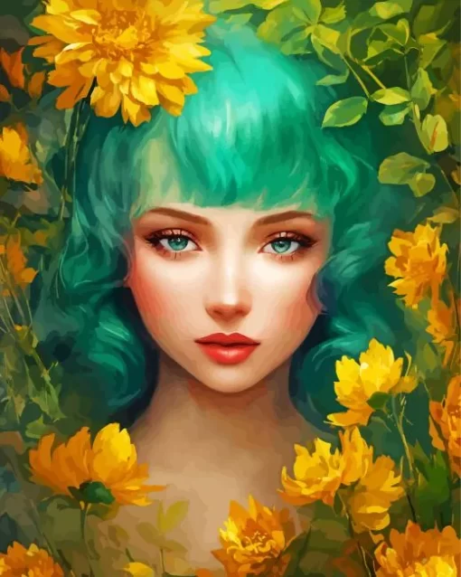 Floral Green Haired Lady Diamond Painting