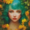 Floral Green Haired Lady Diamond Painting