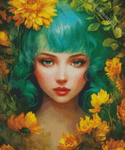 Floral Green Haired Lady Diamond Painting