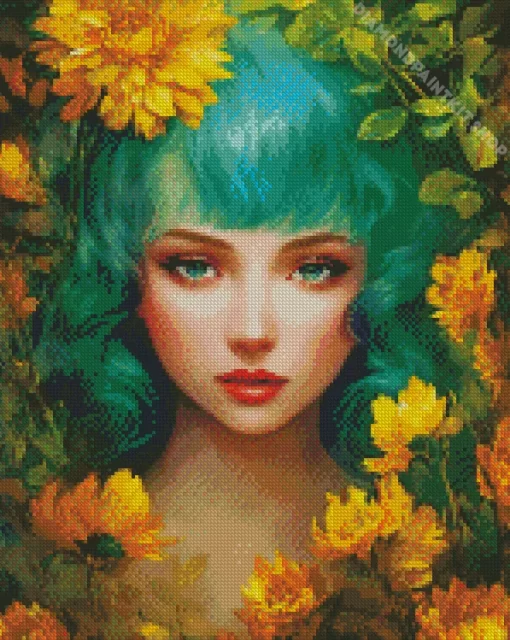 Floral Green Haired Lady Diamond Painting