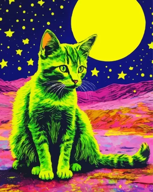 Green Cat And Stars Diamond Painting