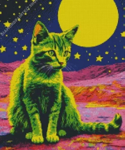 Green Cat And Stars Diamond Painting