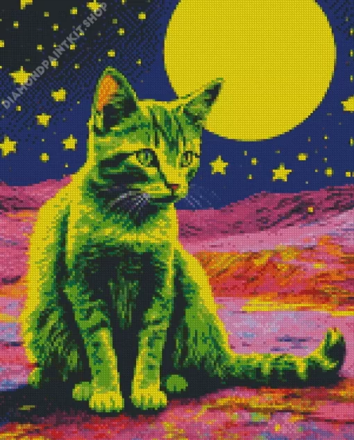 Green Cat And Stars Diamond Painting