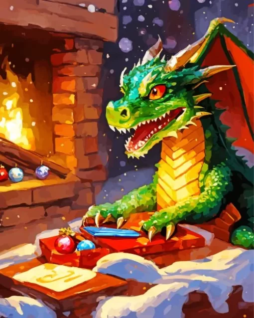 Green Dragon Celebrating Christmas Diamond Painting