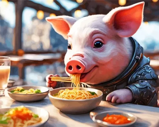 Pig Eating Spaghetti Diamond Painting