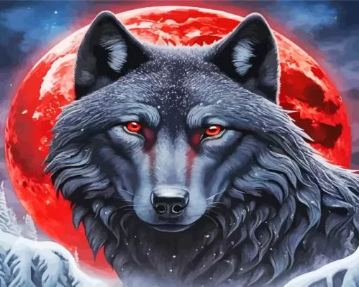 Red Full Moon Black Wolf Art Diamond Painting