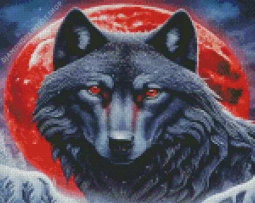 Red Full Moon Black Wolf Art Diamond Painting