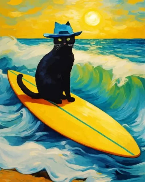 Surfer Cat Van Gogh Diamond Painting