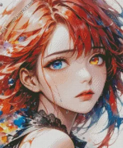 Anime Girl With Blue Eye And Red Hair Diamond Painting