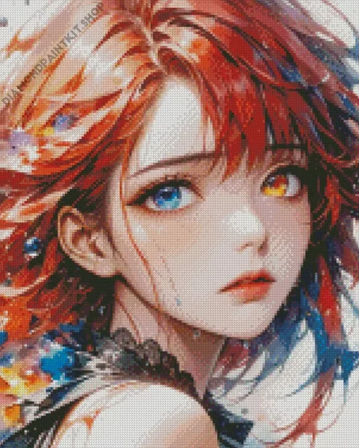 Anime Girl With Blue Eye And Red Hair Diamond Painting