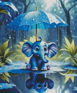 Blue Elephant Under Umbrella Diamond Painting