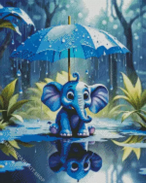 Blue Elephant Under Umbrella Diamond Painting