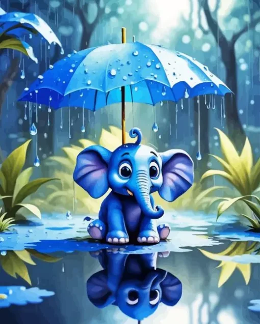 Blue Elephant Under Umbrella Diamond Painting