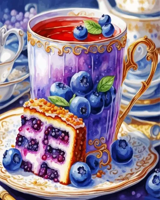 Blueberry Cake And Tea Diamond Painting