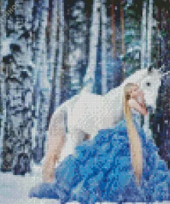 Girl Wearing Blue Dress In Snow Diamond Painting