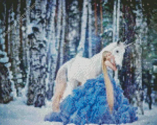 Girl Wearing Blue Dress In Snow Diamond Painting