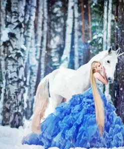 Girl Wearing Blue Dress In Snow Diamond Painting