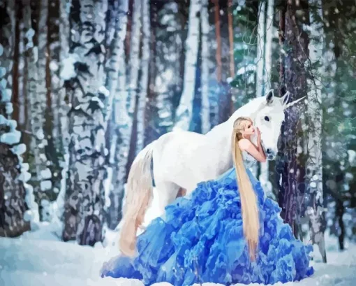 Girl Wearing Blue Dress In Snow Diamond Painting