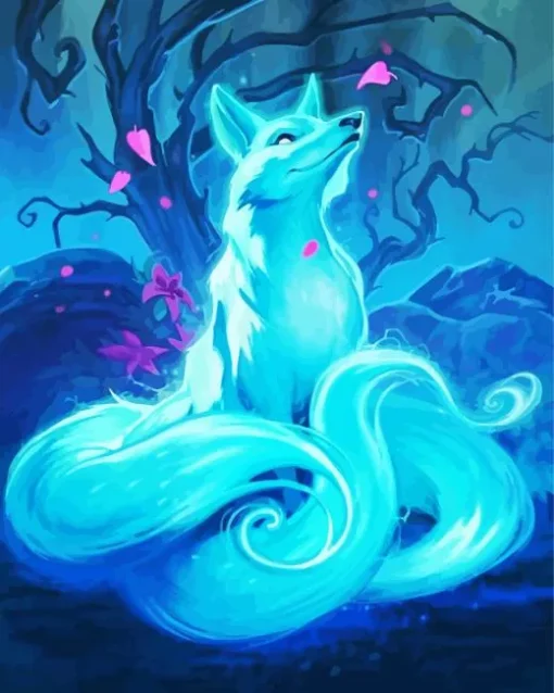 Neon Blue Kitsune Diamond Painting