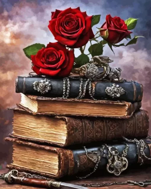 Roses And Vintage Books Diamond Painting