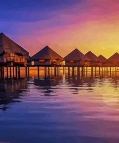 Sunset Over Bora Bora Huts Diamond Painting