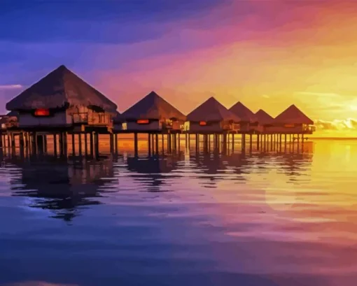 Sunset Over Bora Bora Huts Diamond Painting