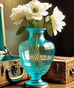 White Flowers Blue Glass Vase Diamond Painting