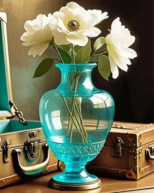 White Flowers Blue Glass Vase Diamond Painting