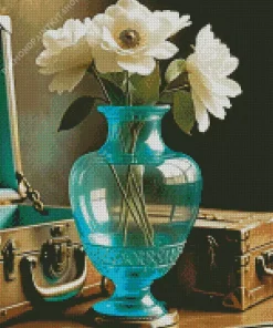 White Flowers Blue Glass Vase Diamond Painting