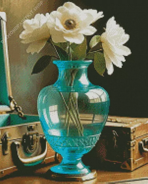 White Flowers Blue Glass Vase Diamond Painting