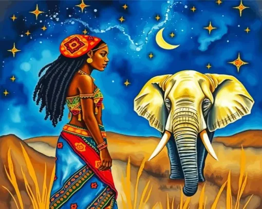 African Elephant And Girl Diamond Painting