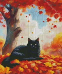 Black Cat And Fallen Leaves Diamond Painting