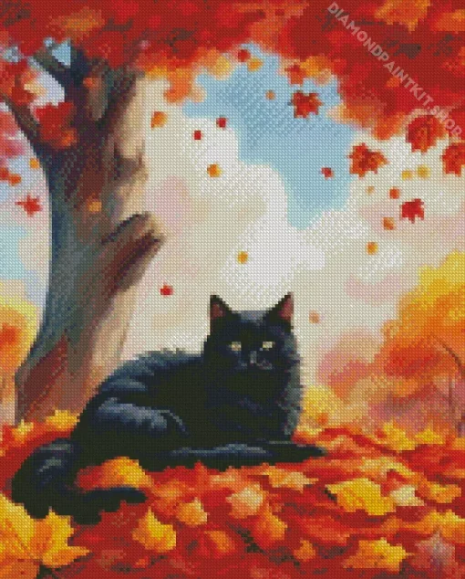 Black Cat And Fallen Leaves Diamond Painting