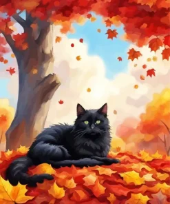 Black Cat And Fallen Leaves Diamond Painting