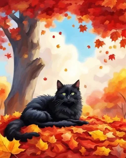 Black Cat And Fallen Leaves Diamond Painting