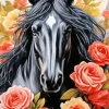 Black Horse With Roses Diamond Painting