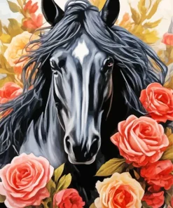 Black Horse With Roses Diamond Painting