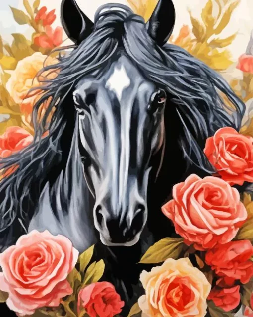 Black Horse With Roses Diamond Painting