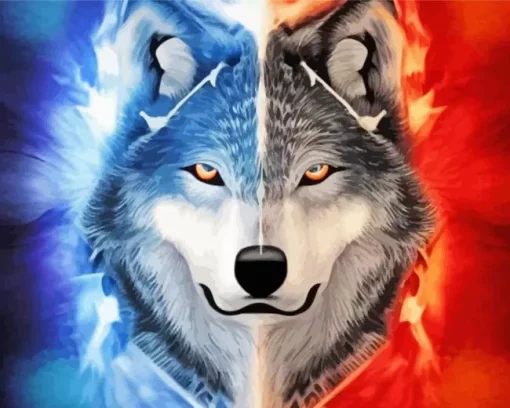 Blue And Red Fire Wolf Diamond Painting