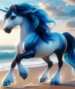 Blue And White Unicorn On The Beach Diamond Painting