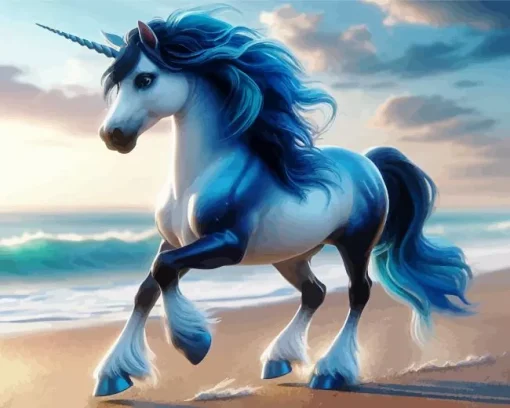 Blue And White Unicorn On The Beach Diamond Painting