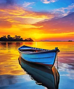 Blue Boat At Sunset Diamond Painting